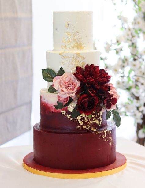 Burgundy and Ivory Ombre Wedding Cake, metallic gold Leaf, 4 tiered wedding cake, Boldly coloured wedding cake Red Wedding Cake, Gold And Burgundy Wedding, Burgundy Wedding Cake, Magenta Wedding, Burgundy And Blush Wedding, Wedding Cake Ombre, 3 Tier Wedding Cakes, Wedding Cake Roses, Dream Wedding Cake