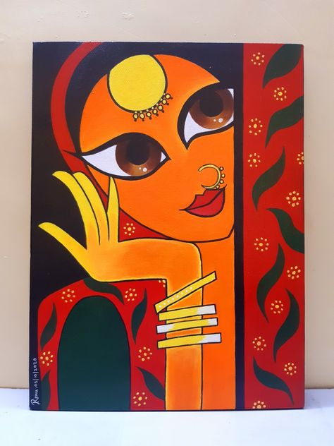 Rajasthani Women Painting Acrylic, Modern Art Easy Drawing, Maru Ragini Painting, Indian Art On Canvas, Rajasthani Women Drawing, Mini Canvas Abstract Paintings, Aesthetic Boho Painting Ideas, Rajasthani Art Design Easy, Rajasthani Painting Easy