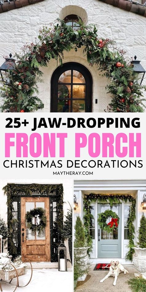 White Farmhouse Christmas Decor Exterior, Christmas Porch Decor Columns, Decorate Porch Bench For Christmas, Front Of The House Christmas Decorations, Exterior Christmas Decor Ideas Porch, Outdoor Christmas Decorations Front Door, How To Decorate Front Porch Pillars For Christmas, Christmas Outside Entryway Decor, Farmhouse Christmas Front Porch Decor