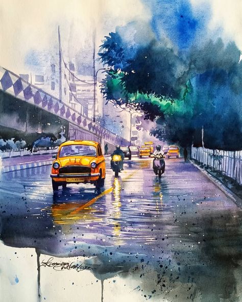 3,040 Likes, 29 Comments - Kannan Chithralaya (@kannanchithralaya) on Instagram: “Watercolour.... kolkatta city,  rainy season.. #watercoloring #watercolors #watercolourdaily…” Best Watercolour Painting, Monsoon Watercolor Painting, Rainy Season Watercolor Painting, Kolkata Watercolor Painting, City Landscape Watercolor, Indian Watercolor Paintings, Bengali Decor, Rain Watercolor Painting, Monsoon Painting