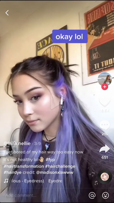 Peekaboo Lilac Hair, Purple Dye Underneath Hair, Dark Brown Hair With Lavender Peekaboos, Lavender And Dark Brown Hair, Lavender Highlights On Black Hair, Half Down Dyed Hair, Dark Brown And Purple Hair Split Dye, Split Dyed Hair Underneath Purple, Half Black Half Purple Hair Underneath