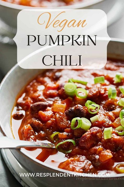 This vegan pumpkin chili is hearty and delicious! With onion, celery, garlic, bell peppers, and jalapeño pepper, this thick chili is full of fiber and protein from plenty of beans and vegetables. It's easy to make with canned beans! Double or triple the recipe to feed a crowd! Pumpkin Chili Vegetarian, Thick Chili, Vegan Pumpkin Chili, Wfpb Soup, Vegetarian Pumpkin Chili, Seasonal Vegan Recipes, Beans And Vegetables, Thanksgiving Vegan, Pumpkin Chili Recipe