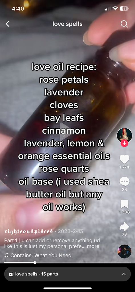 Healing Oil Witchcraft, Siren Oil Recipe, Self Love Oil Recipe Witchcraft, Aphrodite Oil Recipe, Witch Oils Recipe, Love Oil Recipe Witchcraft, Oils For Witchcraft, Spell Oil Recipe, Anointing Oil Witchcraft