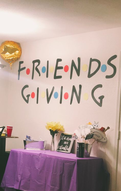 Friends Theme Friendsgiving Ideas, Friends Giving Ideas Decor, Friends Theme Thanksgiving Party, F.r.i.e.n.d.s Party Ideas, Friends Friendsgiving Theme, Friends Theme Friendsgiving, Friendsgiving Friends Theme, Friendsgiving Party Themes, Friends Giving Decoration Ideas