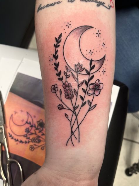 Flower And Space Tattoo, Flower With Moon Tattoo, Moon And Flower Tattoo, Sarah Tattoo, Space Flowers, Shoulder Cap Tattoo, Flowers Tattoos, White Tattoos, Arabic Henna Designs