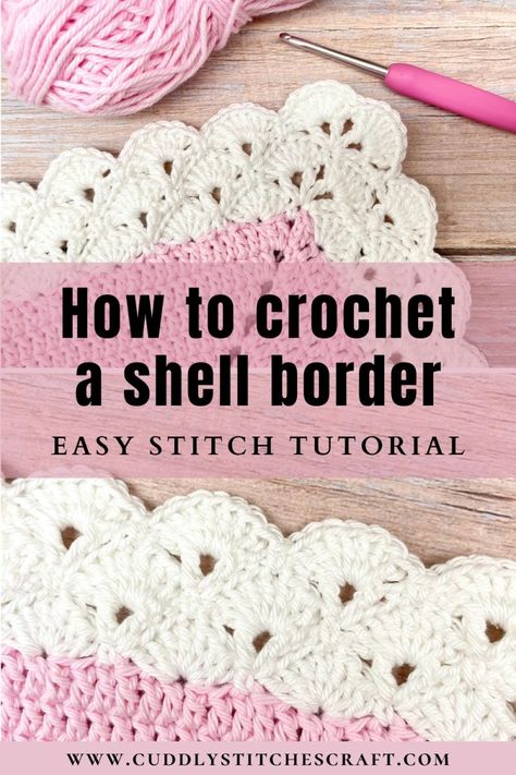 This easy stitch tutorial will show you step by step how to crochet a shell border that looks absolutely stunning, especially on a baby blanket. This crochet shell stitch might look a bit difficult at a first glance but it’s actually quite easy once you break it down round by round. It's even suitable for crochet beginners because you just need to use a few basic stitches. You can easily customise it and have a simpler or wider shell edging border. #crochet #crochetprojects #crochetpattern Scallop Trim Crochet, Crochet Shell Borders For Blankets, Shell Stitch Baby Blanket Free Pattern, Embroidery On Crochet Blanket, Blanket Edge Crochet, Crochet Shell Border Scalloped Edge, Border Stitch Crochet, How To Crochet A Border Around A Blanket, Baby Blanket Edging Crochet