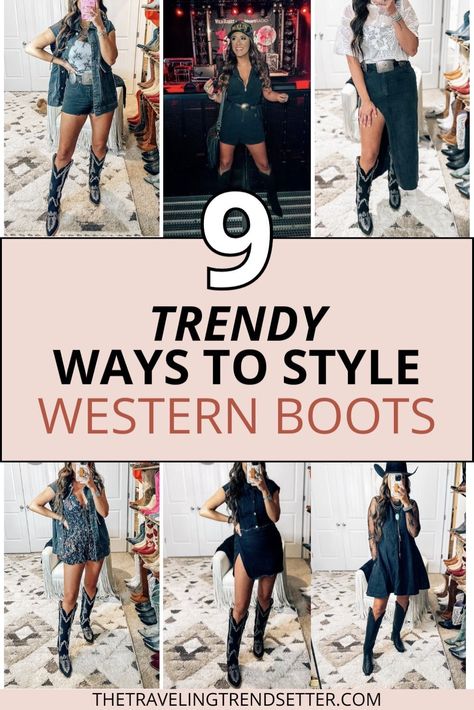 Discover how to style Western boots for women with these fashionable outfit ideas. From casual day looks to chic evening ensembles, Western boots can elevate any outfit. Whether you're pairing them with dresses or denim, find stylish ways to incorporate Western boots into your women's fashion wardrobe and step up your women's shoes game. Women’s Cowgirl Outfit Ideas, Tall Western Boots Outfit, How To Wear Cowboy Boots Women, Fall Western Outfits Women, Casual Western Outfits For Women, How To Style Cowgirl Boots, Cowboy Boots Outfit Winter, Style Western Boots, Western Boot Outfit