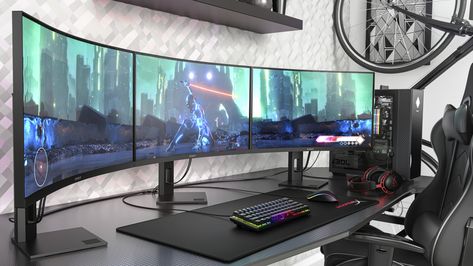 HP just launched a killer curved 1440p 240Hz gaming monitor  Digital Trends Curved Monitor Gaming Setup, Curved Computer Monitor, Double Curved Monitor Setup, Pc Setup 3 Monitor, Curved Pc Monitor, Dual Curved Monitor Setup, Curved Monitor Setup, 3 Monitor Setup, Command Room