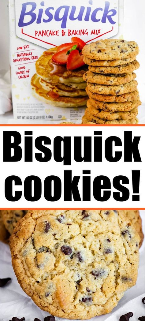 Bisquick chocolate chip cookies are a fast easy way to bake dessert. Add nuts to this ready made pancake mix for a fun twist on YUM. #bisquickcookies Bisquick Cookie Recipes, Bisquick Cookies, How To Make Bisquick, Bisquick Chocolate Chip Cookies, Chocolate And Vanilla Cake, Easy Dessert Recipes Quick, Yummy Desserts Easy, Christmas Recipes Easy, Bisquick Recipes