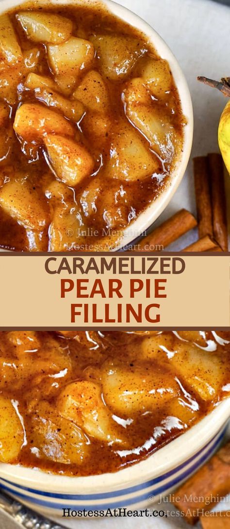 Fresh pears mixed with cinnamon and brown sugar make an easy sweet caramelized pie or topping over ice cream. Pear Pie Filling, Pear Recipes Easy, Caramelized Pear, Pear Dessert Recipes, Dessert Pumpkin, Pear Sauce, Pie Fillings, Pear Pie, Recipes Fruit