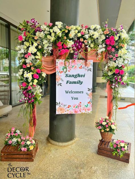 An entrance decor setup with florals #decor #entrance #florals #party #birthday #flowers Birthday Party Entrance Decoration, Party Entrance Decoration, Birthday Entrance, Garden Theme Birthday, Entrance Door Decor, Decor Entrance, Entrance Decoration, Flower Garland Wedding, Party Entrance