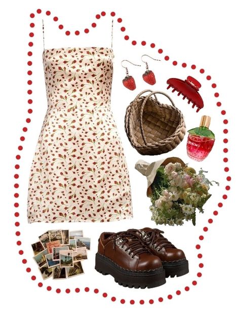 summer | spring | dress | claw clip | red | strawberry | flowers | cute earrings | inspo | aesthetic Strawberry Girl Outfit, Strawberry Core Outfit, Strawberry Festival Outfits, Strawberry Aesthetic Outfit, Strawberry Outfit Aesthetic, Strawberry Dress Aesthetic, Modern Oc, Red Shorts Outfit, Cottagecore Aesthetic Outfits