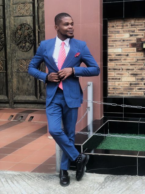 Blue suit is always the color for all skin type A two button blue suit With a pink tie. Blue Mens Suit, Mr. Beast, Men Suit, Pink Tie, Pink Ties, Wedding Collection, Blue Suit, Classic Man, Type A