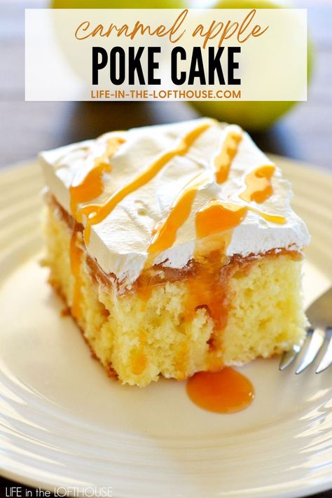 Caramel apple poke cake is a light and moist cake that tastes like caramel apples with a creamy whipped topping! Caramel Apple Poke Cake, Apple Poke Cake, Apple Board, Caramel Apples Recipe, Apple Cupcakes, Fall Boards, Poke Cake Recipes, Poke Cakes, Gateaux Cake