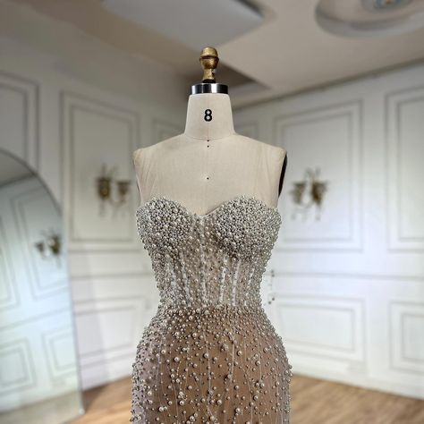 LA72544 Dubai Evening, Nude Color Palette, Pearl Beading, Formal Parties, White Evening Dress, Split Design, Mermaid Silhouette, Mermaid Gown, Evening Dresses Elegant