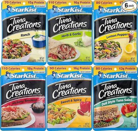 Amazon.com : Tuna Variety Pack, Tuna Creation 6 Different Flavors, 1 Pouch each Flavor : Grocery & Gourmet Food Tuna Packets, Starkist Tuna, Deli Style, Tuna Salad, Lemon Pepper, Easy Lunches, New Flavour, Variety Pack, Gourmet Food