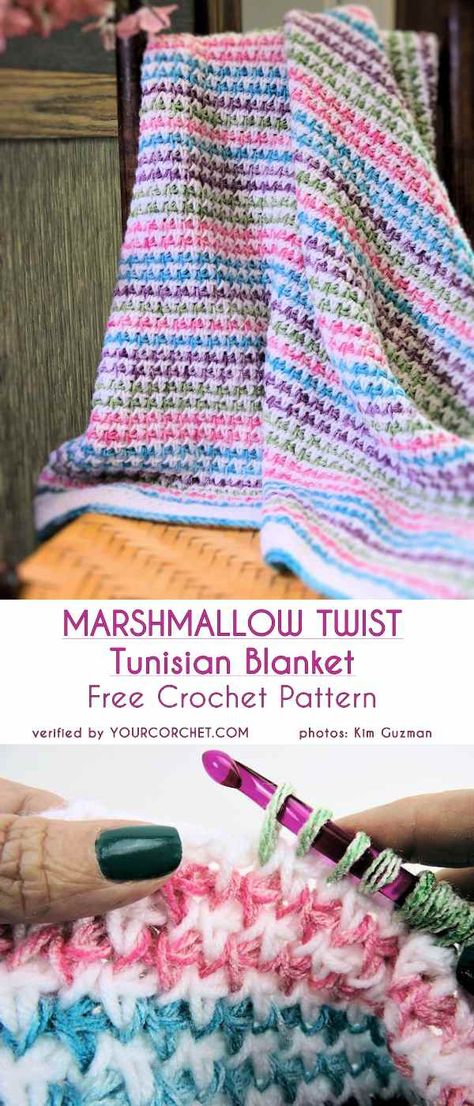 Marshmallow Twist Tunisian Blanket Free Crochet Pattern Tunisian Blanket, Afghan Crochet Patterns Easy, Tunisian Crochet Blanket, Tunisian Crochet Patterns, Tunisian Crochet Stitches, Crocheted Blanket, Crochet For Beginners Blanket, Blanket Ideas, Easy Crochet Blanket