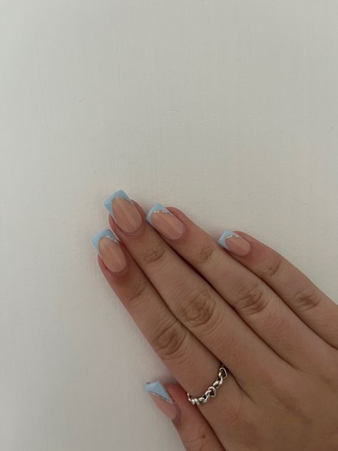 Short Blue And Silver Nails, Glitter Line Nails, Baby Blue French Tips, Baby Blue French Tip, Sparkly French Tip Nails, Sparkly French Tips, Blue French Tip, Glitter French Nails, Blue And Silver Nails