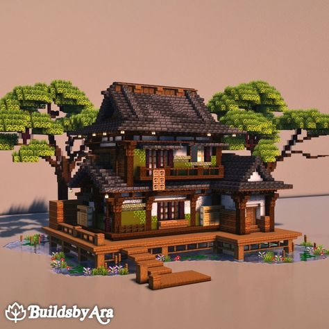 Ara (@buildsbyara_) • Instagram photos and videos Minecraft House Aesthetic Ideas, Ghibli Minecraft House, Chinese Style Minecraft Builds, Mining House Minecraft, Minecraft Houses Stone, Mountain Builds Minecraft, Japanese House Minecraft Ideas, Small Mc House, Japanese Building Minecraft