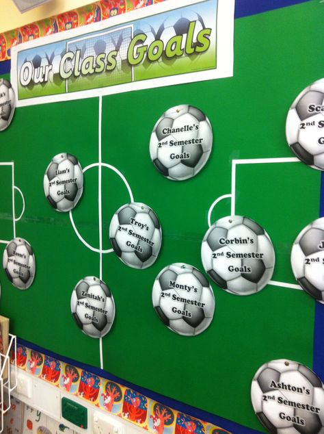 fun way to display student goals Occupational Therapy. Can make two layers. First is with student's name only and goal is inside for privacy. Use magnet or Velcro for accessibility. Soccer Door Decorations Classroom, Football Display Ideas, Student Goals Display, Class Goals, Soccer Room Decor, Teaching Displays, Football Displays, Soccer Room, Easy Preschool Crafts