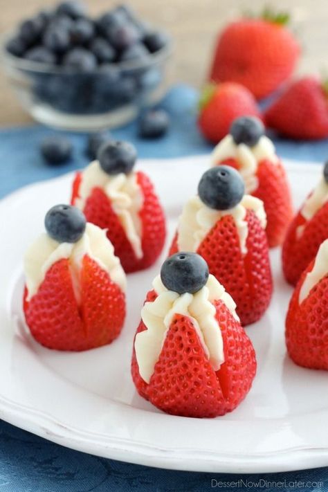 Try these easy red, white, and blue Cheesecake Stuffed Strawberries for a healthier patriotic dessert!   //scripts.mediavine.com/videos/rdsil6erze501nwkcyla.js   In case you didn’t … Cheesecake Stuffed Strawberries, Memorial Day Desserts, Stuffed Strawberries, Patriotic Food, Patriotic Desserts, Blue Desserts, Slow Cooker Desserts, 4th Of July Desserts, Dessert Party