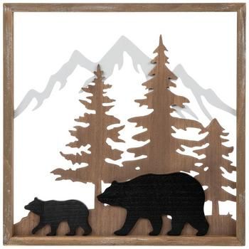 Dimensions: 15.75" H x 15.75" W x 1" D Material: MDF Shape: Square Color: Brown, White & Black Orientation: Vertical Includes: 2 Sawtooth Hangers Quantity: 1 Incorporate nature-like accent pieces when you decorate with this Framed Bears Wood Wall Decor! This open designed woodland art piece features two cut-out wooden black bears in a trotting stance. Behind the bears is a lovely cut-out white mountain scene with brown trees. Display this piece in a nursery to invoke a calming atmosphere! Mountain Party Decor, Mountain Nursery Decor, Bear Party Decorations, Log Pillow, Moose Nursery, Bear Nursery Art, Black Bear Decor, Dry Point, Cabin Wall Decor