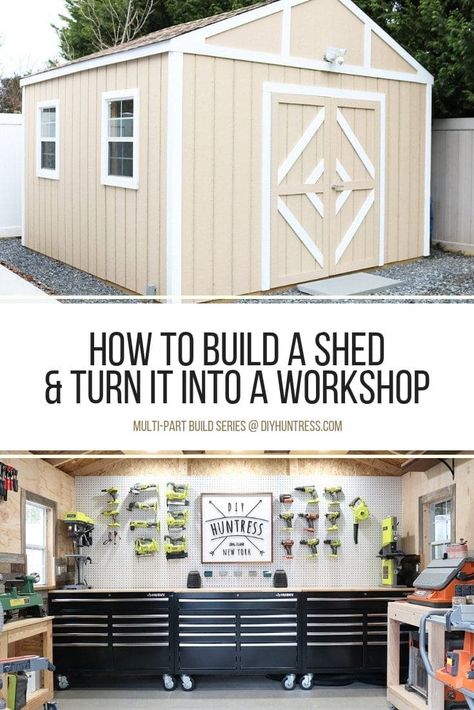 Shed-Shop Series: How To Build A Shed & Turn It Into A Workshop - DIY Huntress Diy Huntress, Diy Shed Kits, Shed Workshop, Storage Shed Kits, Workshop Diy, Workshop Shed, Firewood Shed, Shed Base, Build A Shed