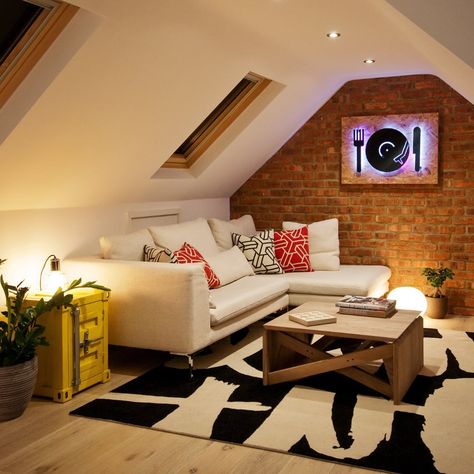 We converted this loft into a fun games room featuring a pool table and TV snug area. Swipe to see the custom-made pendant. Photographer: Roman Skyva #paullangstoninteriors #interiordesign #spaceplanning #interiors #bespokefurniture #furnituredesign #loftconversion Loft Snug Room, Loft Conversion Cinema Room, Games Room Attic, Loft Gaming Room, Attic Tv Room Sloped Ceiling, Tv Sports Room, Loft Conversion Games Room, Attic Tv Room, Small Bonus Room Ideas