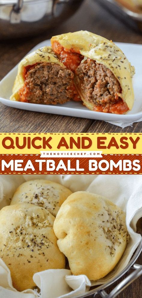 Ground Beef Party Food Appetizers, Ball Game Food Ideas, Meatball Biscuit Appetizer, Italian Tailgate Food, Meatball Pie Recipe, Stuffed Biscuits Dinner Ground Beef, Ground Beef Tailgate Recipes, Football Game Meals Dinners, Football Hors D’oeuvres