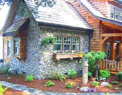 Cedar Shake Cottage, Exterior House Stone, Hillside Cottage, Cedar Shake, Cedar Shakes, Stone Cottages, Cottage Exterior, Stone Siding, Cottage Cabin