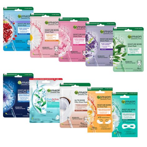 Garnier SkinActive Sheet Masks Party Pack, Pack of 10 Hydrating Face Masks With Natural Plant Extracts & Hyaluronic Acid Serum, Vegan Formula, SAVE 33%. UK'S NO1 SHEET MASK BRAND: Discover Garnier sheet masks for all skin needs ACTIVES + NATURAL PLANT EXTRACTS: Enriched with effective ingredients like hydrating Hyaluronic Acid, nourishing Coconut and clarifying Salicylic Acid PROVEN RESULTS: See visible results in just 15 minutes DERMATOLOGICALLY TESTED: Suitable for all skin types, even sen Garnier Face Mask, Garnier Pure Active, Lemon Face Mask, Garnier Skinactive, Face Sheet Mask, Garnier Skin Active, Sheet Masks, Face Mask Set, Homemade Face