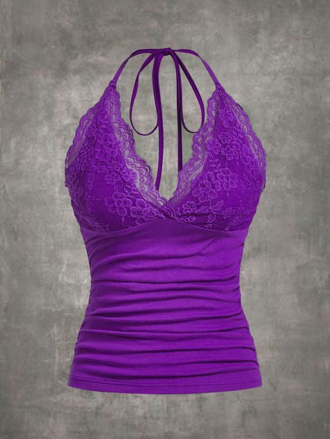 Morado Violeta Elegante Collar  Tela tejida Liso Halter Embellished Elástico Ligero