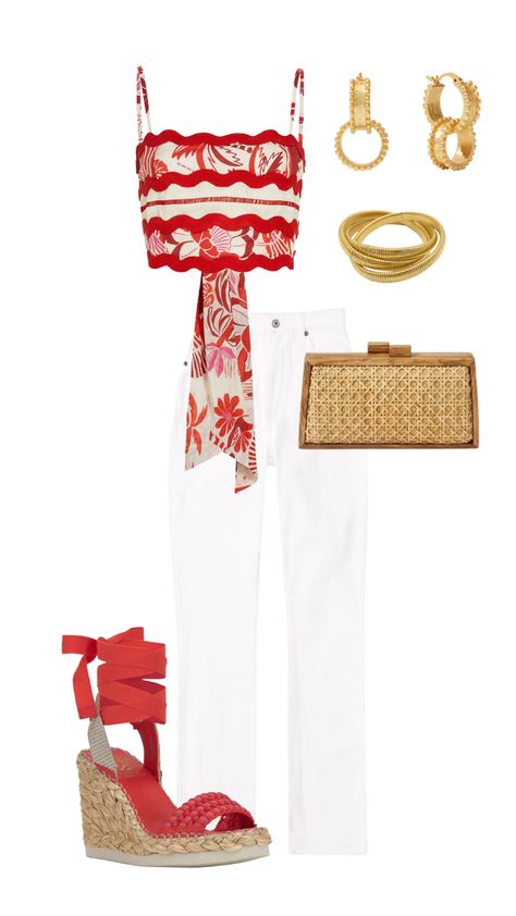 Red lace tie top and white skinny  jean. Cane clutch, gold earring, gold bangles. Tropical Womens Outfits, Designer Vacation Outfits, Tropical Fits, Outfits To Wear In Italy, Mexico Resort Outfits, Mom Aesthetic Outfit, Jeans Summer Outfit, Casual Bar Outfits, Europe Outfits