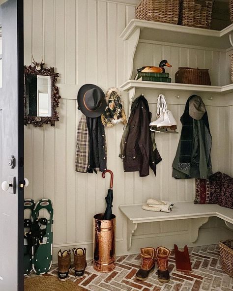 Country Mudroom, Pantry Hill, Hot Whiskey, House Mudroom, Herringbone Brick Floor, Cottage Hallway, Boot Room Utility, Mudroom Cubbies, Front Foyer