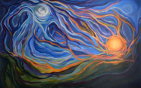 The Story of the Sun and the Moon: An Inspiration | Michelle Montague visual artist Sun And Moon Acrylic Painting, Sun And Moon Story, Moon And Sun Painting, Celestial Moon And Sun, Sun And Moon Painting, Surealism Art, Moon Artwork, Beautiful Night Sky, Sun Painting