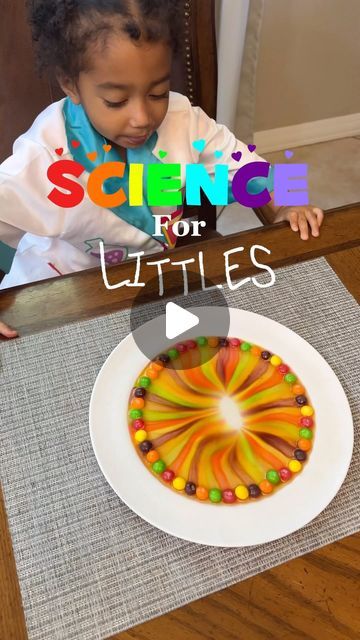 Cynthia on Instagram: "Skittles Experiment 🌈   Let’s make a rainbow! The easiest experiment to set up.  You need : - skittles - plate - hot water  What’s the science behind it? The candies have a coating made out of food coloring and sugar. When it touches the hot water, the coating starts to dissolve causing the food coloring to come off. The science of why the colors bleed to the center of the plate is called concentration gradient. The concentration of sugar is higher near the candies than the middle of the plate, where there is only water. Therefore, the food coloring diffuses down a concentration gradient, from areas of higher concentration of sugar to areas of lower concentration. Did you notice that the colors don’t mix as they go toward the center of the plate? This is due to wate Skittles Rainbow Experiment, Skittles Science Experiment, Skittles Experiment, Rainbow Experiment, Make A Rainbow, Stem For Kids, Rainbow Crafts, Science Experiments Kids, Homeschool Preschool