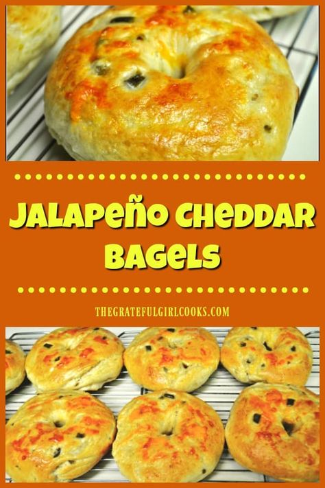 Make your own incredibly delicious jalapeño cheddar bagels from scratch!  Bagels are much easier to make than you might think... pass the cream cheese! via @gratefuljb Jalapeno Bagels Recipe, Jalapeno Cheddar Bagel Recipe, Cheddar Bagel Recipe, Cheddar Bagels, Bagel Recipes, Bagel Recipe Easy, Bagel Bread, Dream Bakery, Cheese Bagels