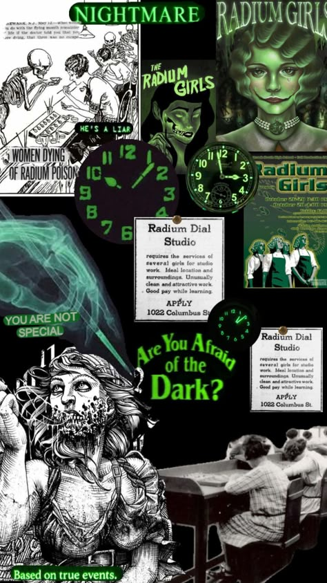 #vibes #books #play #radiumgirls #radium #poison #green #neongreen Paranormal Aesthetic, Radium Girls, Vampire Stories, Aesthetic Space, Marie Curie, Girl Posters, Girls Play, Iconic Women, Retro Futurism