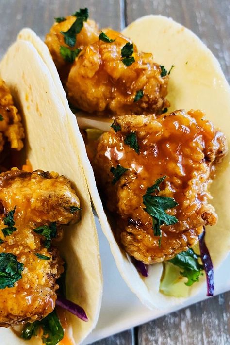 tacos with crispy orange chicken bites Recipe For Fried Chicken, Fried Chicken Bites, Tacos With Slaw, Crispy Orange Chicken, Fried Chicken Taco, Buttermilk Chicken, Tacos And Burritos, Orange Sauce, Half Baked