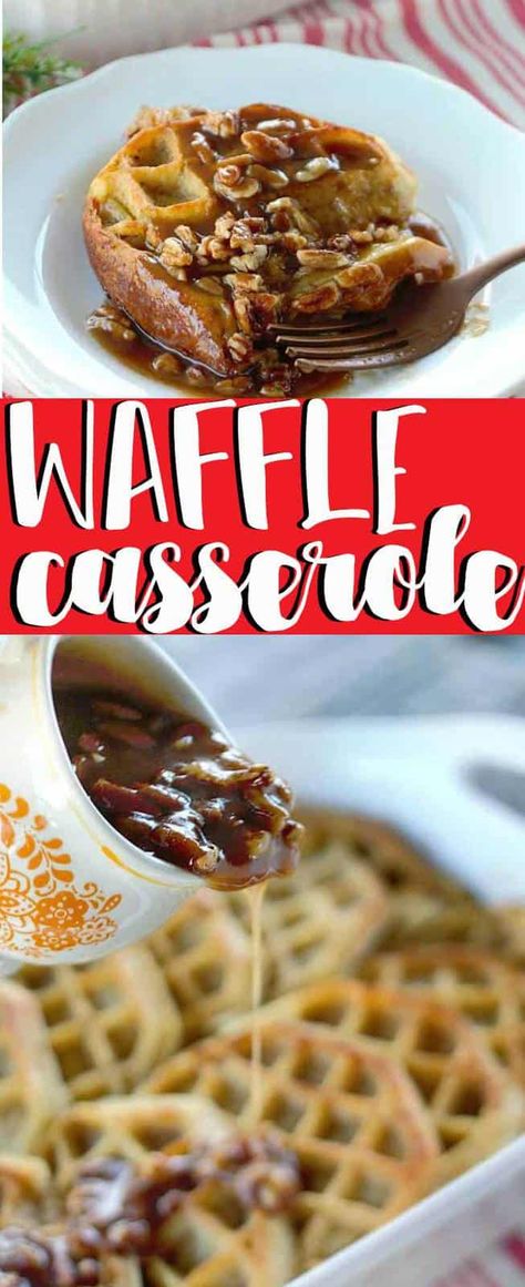 Start the morning off with a bang with this Overnight Waffle Casserole topped with a delectable brown sugar pecan sauce! It's perfect for Christmas morning! Waffle Breakfast Casserole, Waffle Casserole, Holiday Breakfast Casserole, Weekend Breakfast Recipes, Christmas Breakfast Casserole, Waffle Breakfast, Pecan Sauce, Waffles Easy, Frozen Waffles