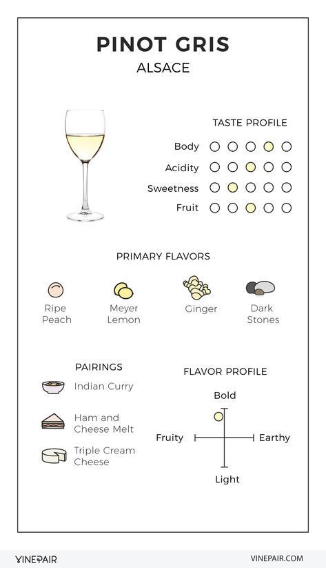 An Illustrated Guide to Pinot Gris from Alsace #infographic #wine #pairing Wine Chart, Wine Facts, Wine Tasting Notes, In Vino Veritas, Wine Flavors, Wine Knowledge, Wine Varietals, Wine Education, Wine Pairings