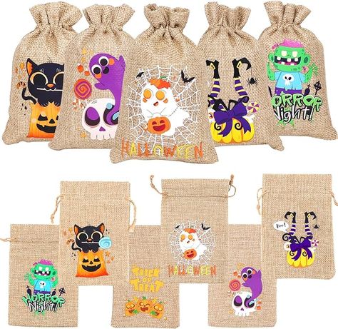 36pcs Halloween Burlap Gift Bags, Halloween Jute Linen Burlap Treat Candy Goodies Drawstring Bags Dulces Halloween, Festival Atmosphere, Halloween Gift Bags, Labu Halloween, Burlap Gift Bags, Goodie Bags For Kids, Ghost Skeleton, Witch Ghost, Packing Gift