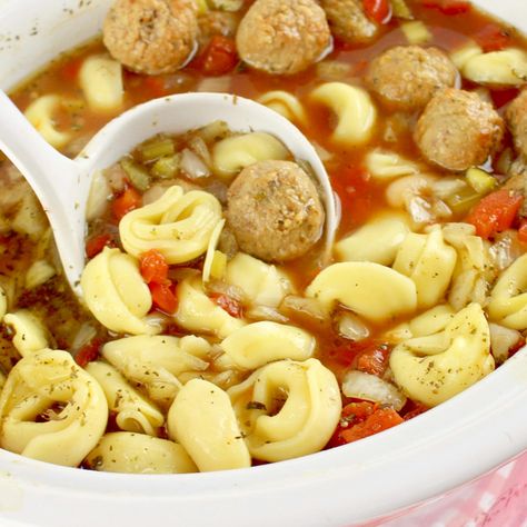 Crock Pot Meatball and Tortellini Soup is an all-in-one slow cooker meal that is hearty, flavorful and so delicious! One of my favorites! Easy Crockpot Meatballs, Easy Dinner Recipes Crockpot, Crock Pot Meatballs, Slow Cooker Meatballs, Healthy Sweet Snacks, Tortellini Soup, Nutritious Snacks, Crock Pot Soup, Healthy Crockpot Recipes