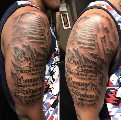 Stairway to heaven/ God grant me serenity scripture God Grant Me The Serenity Tattoo Forearm, God Grant Me The Serenity Tattoo, Grant Me The Serenity Tattoo, Shoulder Tattoo Black Men, Star Sleeve Tattoo, Serenity Tattoo, Prayer Tattoo, Dark Skin Tattoo, Black Men Tattoos