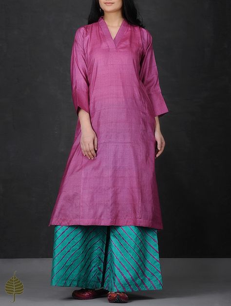 Buy Pink V Neck Tussar Silk Kurta by Jaypore Women Kurtas Online at Jaypore.com Tussar Silk Kurta, Silk Kurtas, Anarkali Designs, Kurti Top, Combination Dresses, Desi Outfits, Kurti Patterns, Kurta Dress, Silk Dresses