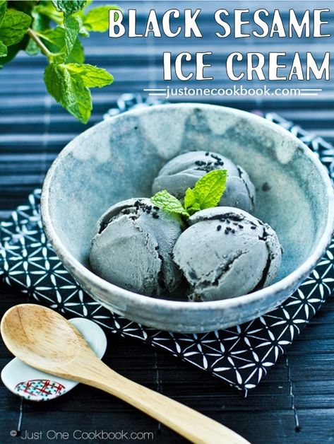 Black Sesame Ice Cream 黒ゴマのアイスクリーム - Refreshing black sesame ice cream made with black sesame paste, whole milk, heavy cream, and honey. #blacksesamerecipe #icecreamrecipes #sesameicecream #balcksesamepaste #japaneseicecream #blackicecream #howtomakeblackicecream #japanesedessert | Easy Japanese Recipes at JustOneCookbook.com Black Sesame Dessert, Japanese Ice Cream, Sesame Ice Cream, Black Sesame Paste, Black Ice Cream, Sesame Paste, Green Tea Ice Cream, Easy Japanese Recipes, Black Sesame Ice Cream