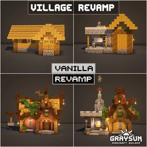 Minecraft Villager Ideas Houses, Mining Hut Minecraft, Minecraft Village Transformation Ideas, Minecraft Village Farmer House, Farmer Minecraft House, Village Houses Design, Better Village House Minecraft, Custom Villager House Minecraft, Transformed Village Minecraft