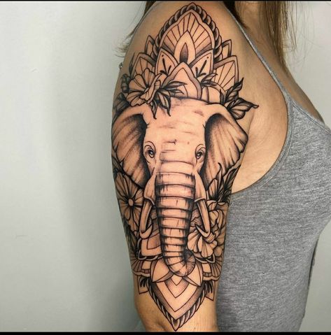 Elephant Tattoos Upper Arm, Elephant Lion Tattoo Sleeve, Elephant With Mandala Tattoo, Elephant Sleeve Tattoos For Women, Elephant Arm Tattoos For Women, Elephant Art Tattoo, Olivia Tattoo, Front Thigh Tattoos, 23 Tattoo