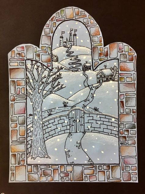 Winter Windows | Ms. Amsler's Artroom Winter Window Painting, Amsler's Artroom, Winter Windows, Illusion Of Depth, Castle Window, Painting Kids, Winter Art Projects, Russian Winter, Winter Window