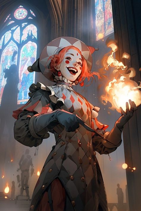 Chaotic Dnd Character, Rakdos Art, Cyberpunk Clown, Dnd Clown, Joker Character Design, Dnd Jester, Jester Anime, Circus Oc Art, Circus Character Design